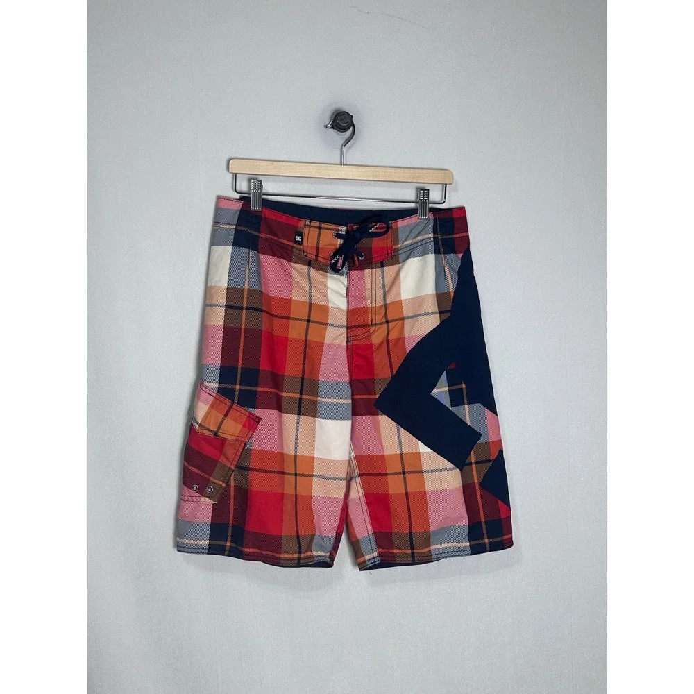 DC Shoes Mens Plaid Board Shorts Red Orange Navy Blue Logo Swim Trunks - 34